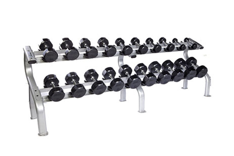 Two-tier commercial dumbbell rack with silver frame holding black rounded dumbbells on white background
