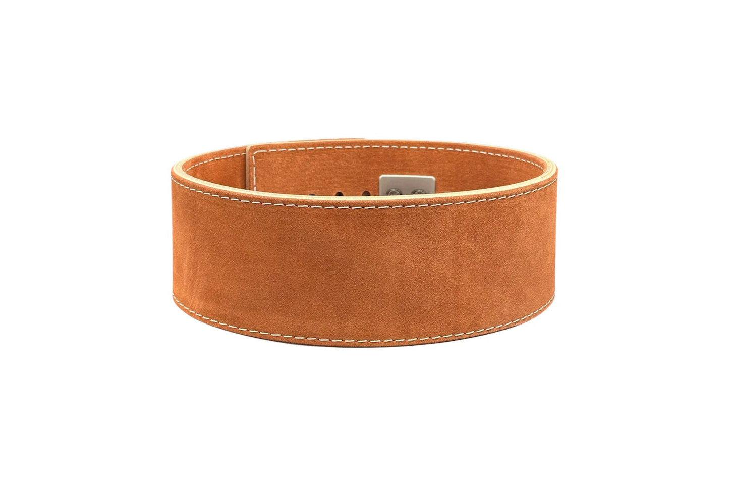 Tan leather powerlifting belt with white contrast stitching and silver metal lever buckle closure on white background