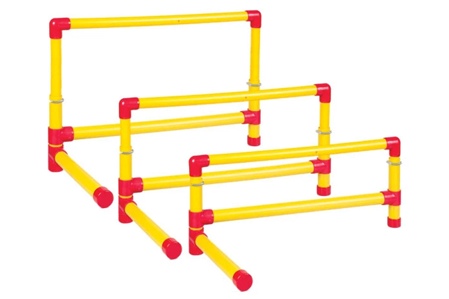 Yellow and red adjustable hurdle set with multiple horizontal bars and red connector joints on white background