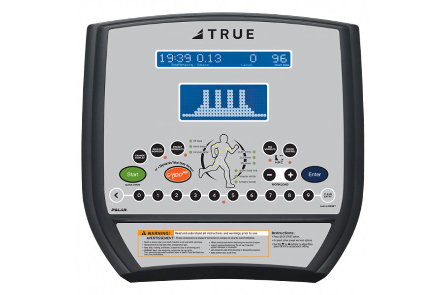 True Commercial C200 elliptical console display with digital readout, running icon, and control buttons on gray panel with bl
