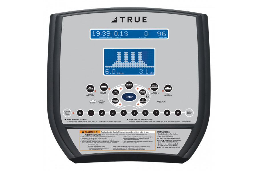 True CS200 commercial treadmill console with digital display showing time and heart rate, blue LCD screen with bar graph, and