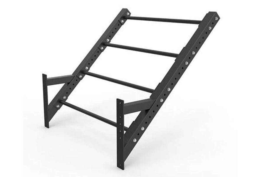 Black steel wall-mounted pull up ladder with four horizontal bars and bolt fasteners, on white background