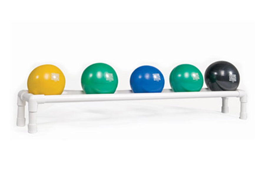 Warrior 5 Ball Soft Touch Med Ball Rack holding yellow, green, blue, green, and black medicine balls on white background