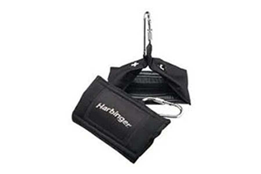 Black Harbinger ab strap set with carabiner hook and carrying pouch on white background