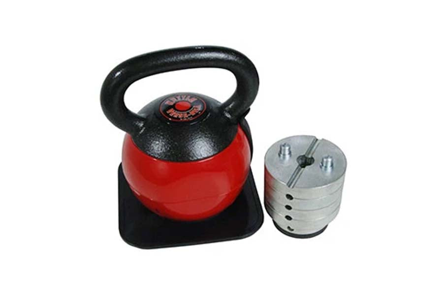 Warrior Adjustable Kettle Versa-Bell with red and black body, black handle, and three removable weight plates on white backgr