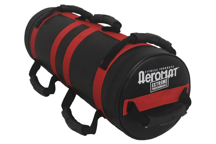 Aeromat Extreme Performance black and red nylon sandbag with dual handles on white background