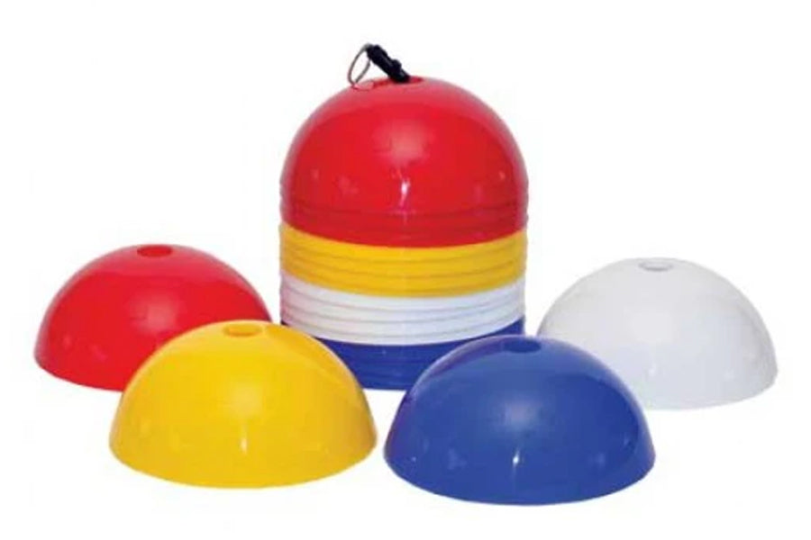 Warrior Agility Domes Set with red, yellow, blue, and white dome-shaped cones in flat lay on white background