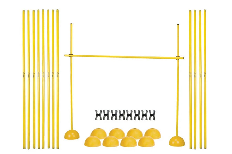 Yellow agility hurdle set with eight vertical poles, horizontal crossbar, eight yellow dome cones, and black cone markers on