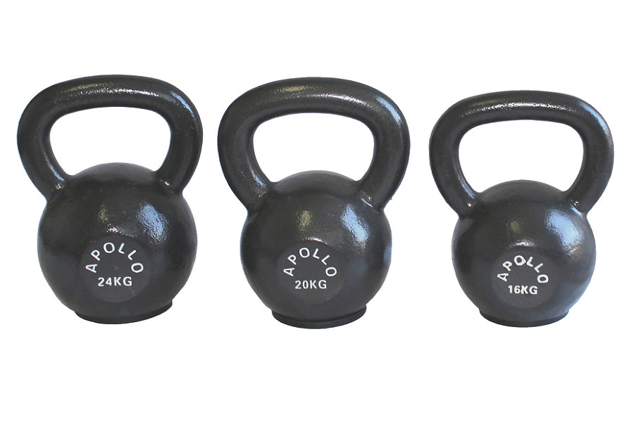 Three black cast iron Apollo kettlebells labeled 24kg, 20kg, and 16kg with handles, displayed on white background
