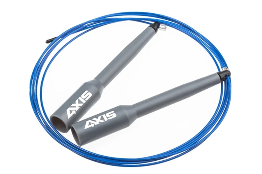 Warrior Axis speed rope with blue cable and gray handles on white background