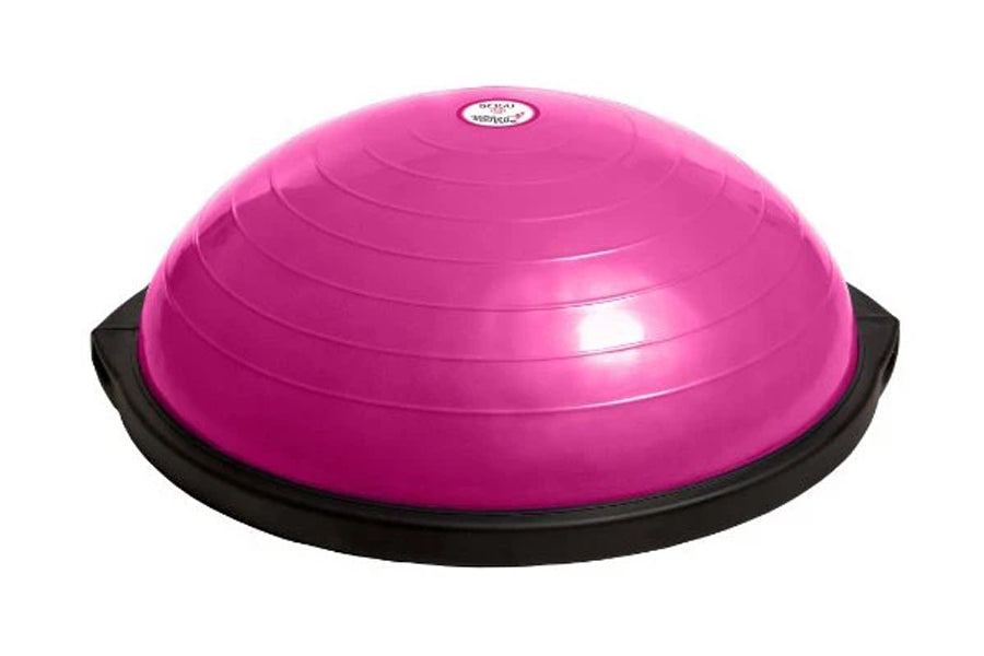 Bright pink Bosu ball with black base on white background