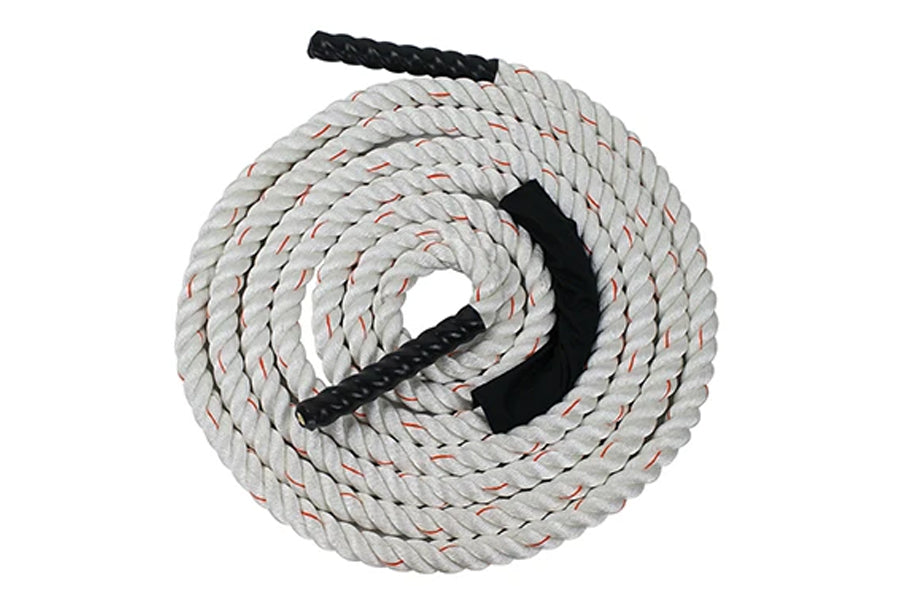 White twisted battle rope with red tracer strands and black braided handles on ends, coiled on white background