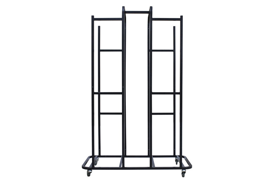 Black metal storage rack with three vertical sections and multiple shelves, on casters, front view