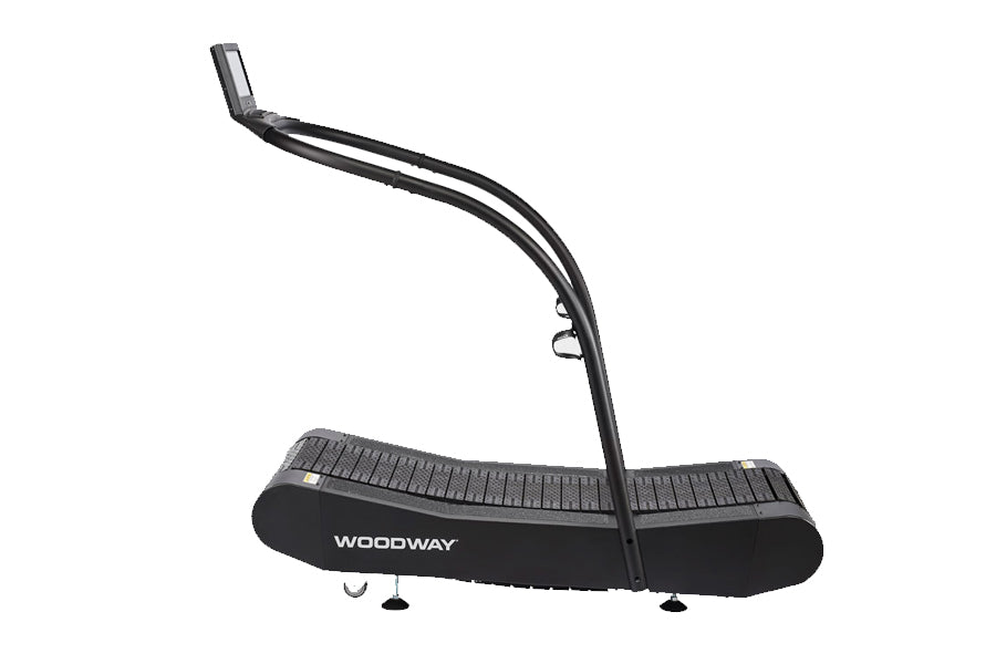 Woodway Curve Trainer Treadmill with black curved running surface and angled control arm, shown on white background