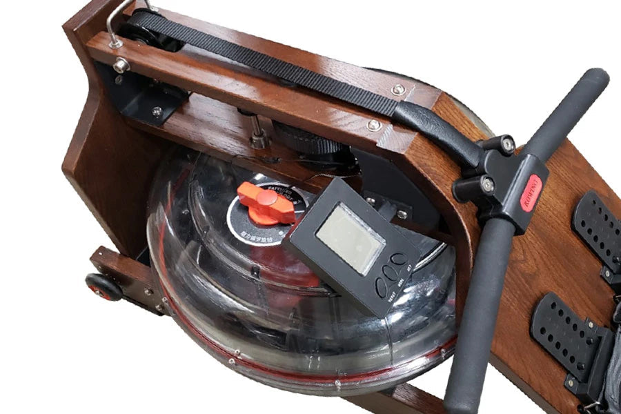 Brown wood and black folding water rowing machine with digital display console and handlebar, shown from above on white backg