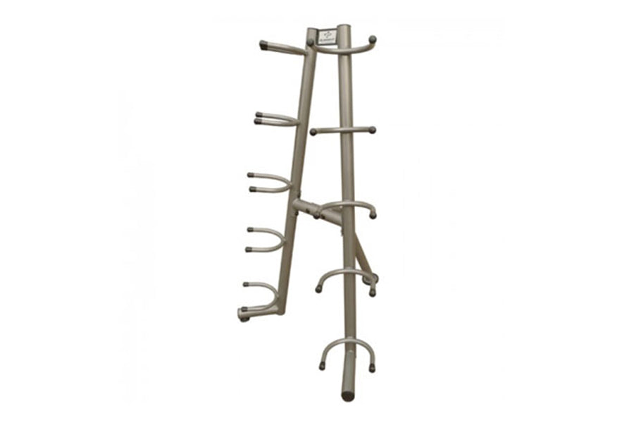 Warrior Commercial Medicine Ball Rack 10, tall gray metal stand with multiple curved hooks for storing medicine balls, on whi