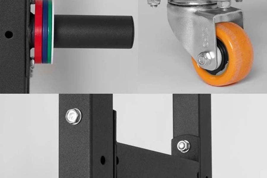 Warrior Crossbox racking system with black frame, colored spindle rings, and orange caster wheel on white background