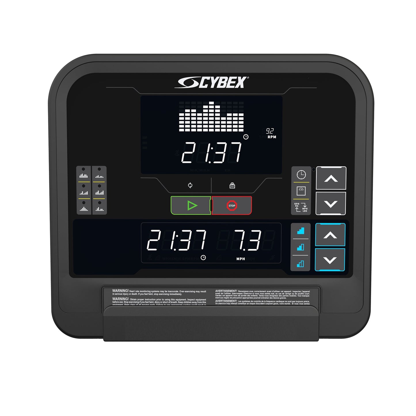 Cybex R Series exercise machine console with digital display showing RPM and MPH metrics, play and stop buttons, and navigati