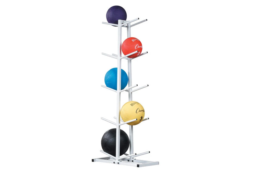Warrior Double Medicine Ball Tree with silver metal frame holding five colorful medicine balls in purple, red, blue, yellow,