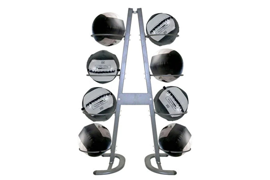 Gray metal medicine ball storage rack with eight black spherical holders arranged vertically, on white background