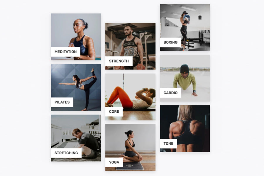 Fitness workout category grid showing meditation, pilates, stretching, strength, core, yoga, boxing, cardio, and tone exercis