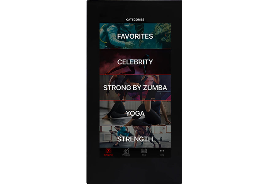 Echelon Reflect 40 smart fitness mirror displaying categories menu with Favorites, Celebrity, Strong by Zumba, Yoga, and Stre