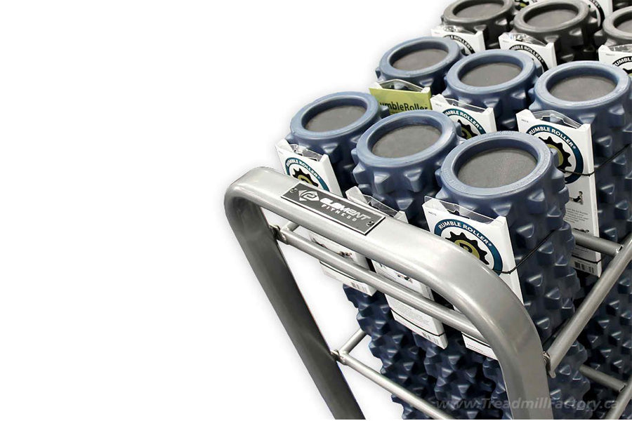 Metal rack holding four blue foam rollers with gray end caps, displayed on white background