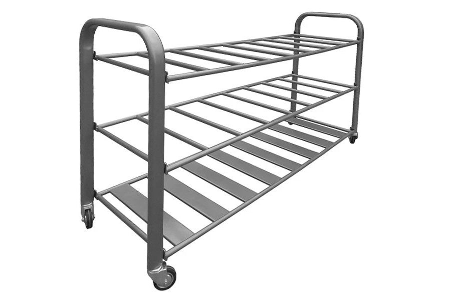 Gray metal foam roller rack with eight horizontal slots, four wheels, and rounded handles, displayed on white background