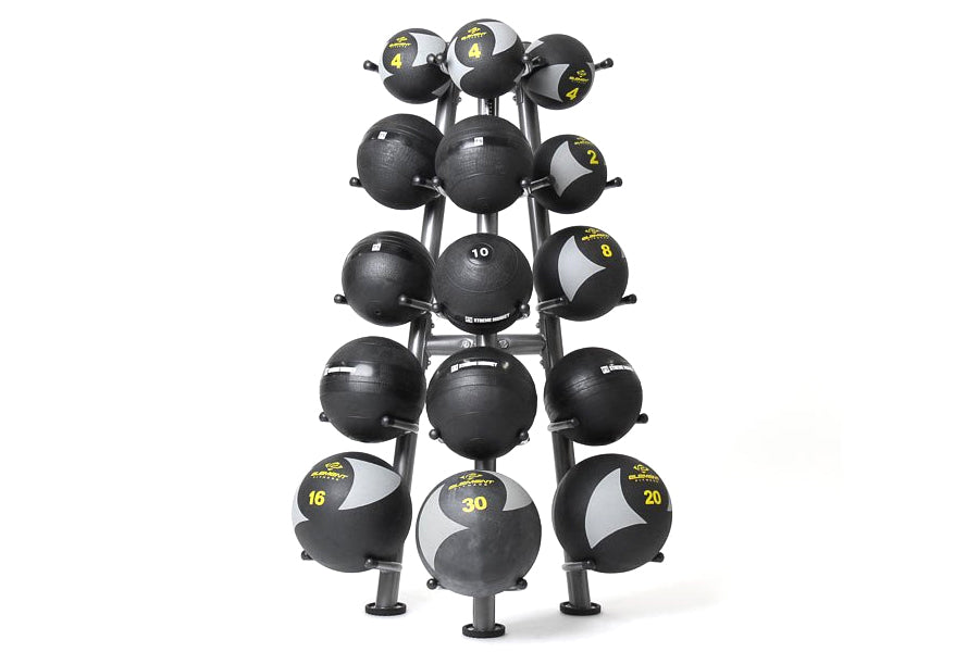 Element Fitness medicine ball rack with black textured balls in various weights displayed on metal stand against white backgr