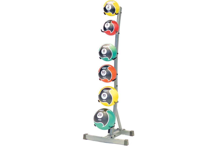 Warrior Elite U-Ring Medicine Ball Tree with six stacked medicine balls in yellow, red, teal, orange, yellow, and green on gr
