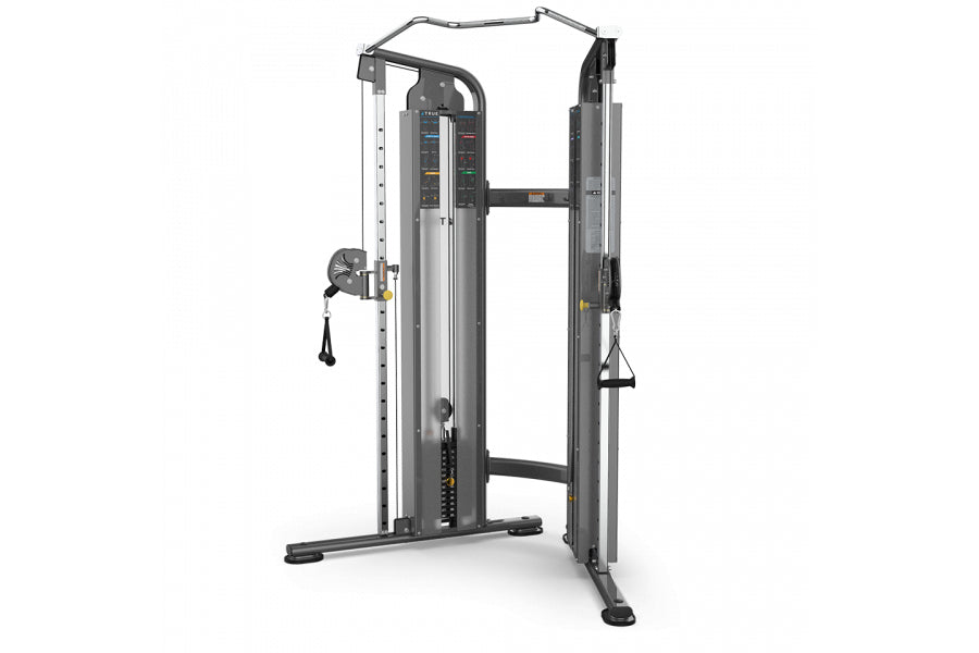 TRUE FS-100 Functional Trainer with dual adjustable weight stacks, cable pulleys, and black handles on white background