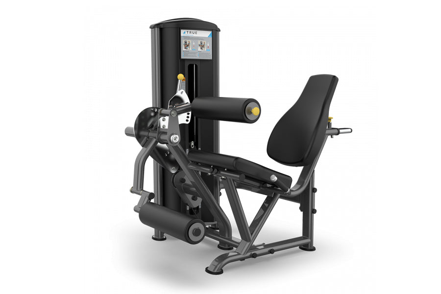 Black commercial leg extension and leg curl machine with digital display panel, adjustable black padded seat and backrest, on