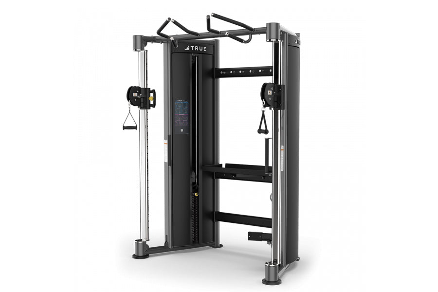 Black TRUE FT-900 functional trainer with dual cable machines, digital display, and adjustable pulleys on white background