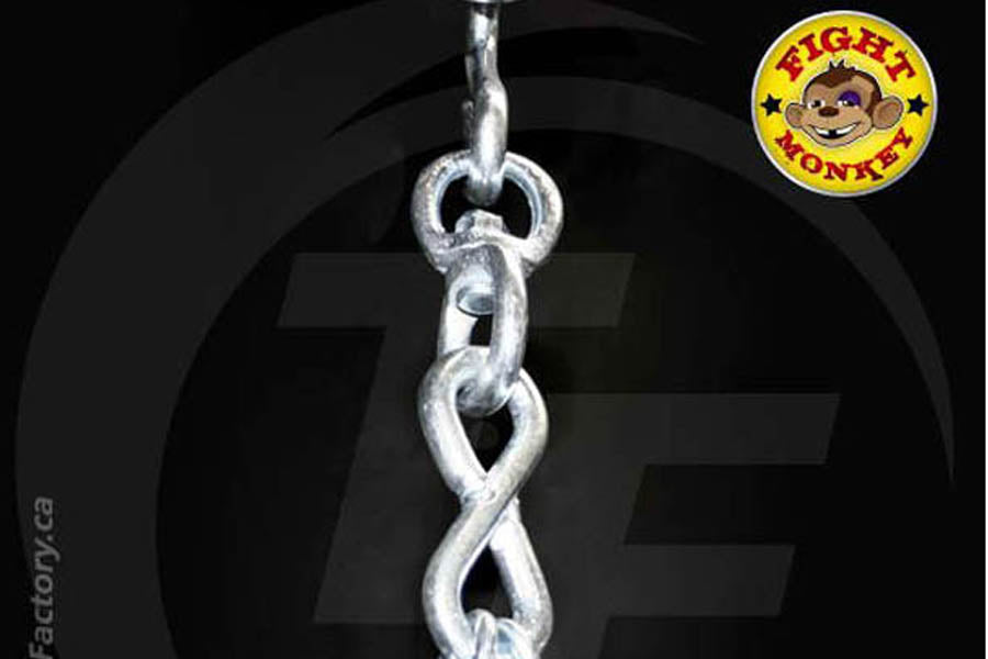Silver chain link with heart-shaped connector, hanging against black background with Fight Monkey logo