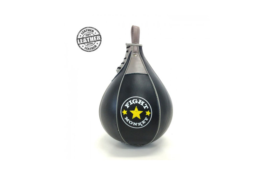 Fight Monkey Professional Series black leather speed ball with yellow star logo and gray handle loop on white background