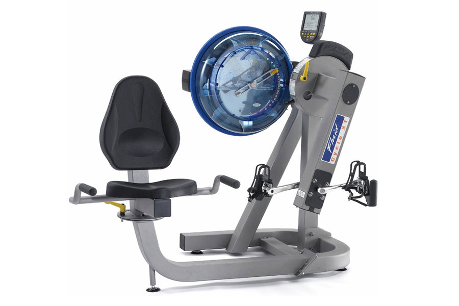 FluidRower E-720 Cycle-XT MDD upper body ergometer with gray frame, black padded seat, blue fluid resistance dial, and digita