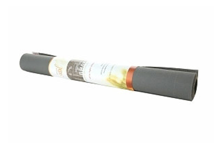 Gray yoga mat rolled with colored fabric band and product label on white background
