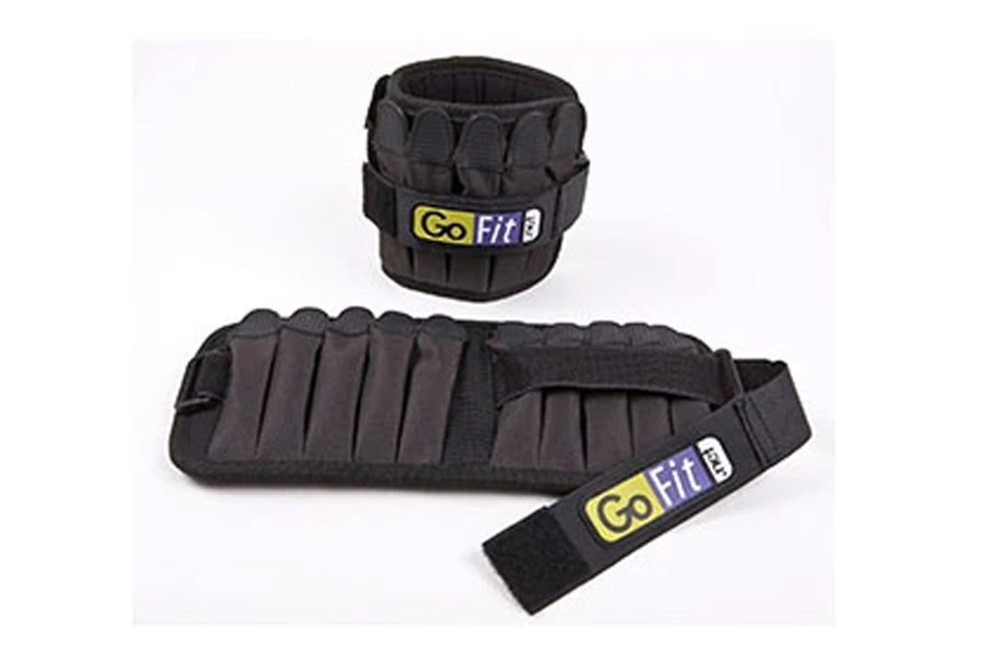 GoFit adjustable ankle weights in black neoprene with padded pockets and yellow brand labels, shown as wrist and ankle set on