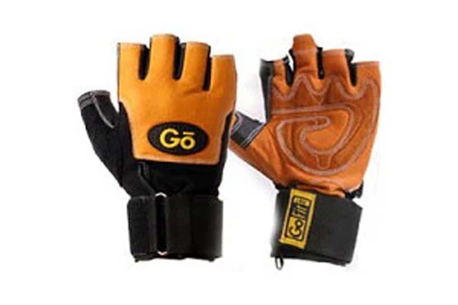 GoFit weight lifting gloves in yellow and orange leather with black wrist wraps, shown front and back view on white backgroun
