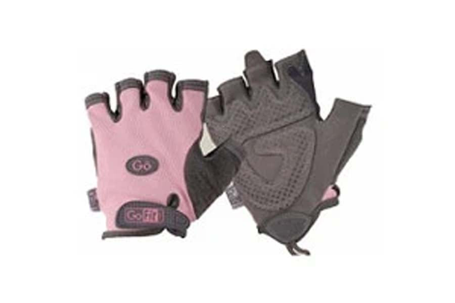 Pink and gray fingerless weightlifting gloves with padded palms and wrist straps, shown front and back view on white backgrou