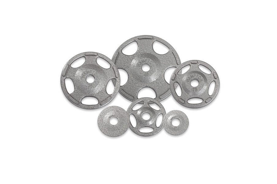 Hampton cast iron Olympic grip weight plates in gray, various sizes with handle cutouts, arranged on white background