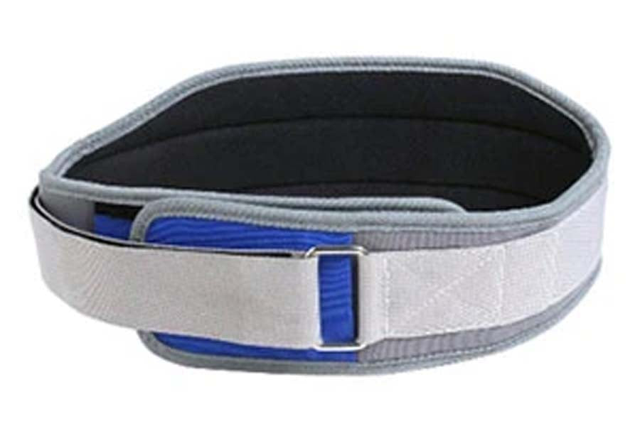 White neoprene weightlifting belt with blue accents and gray trim, featuring adjustable buckle closure, shown on white backgr