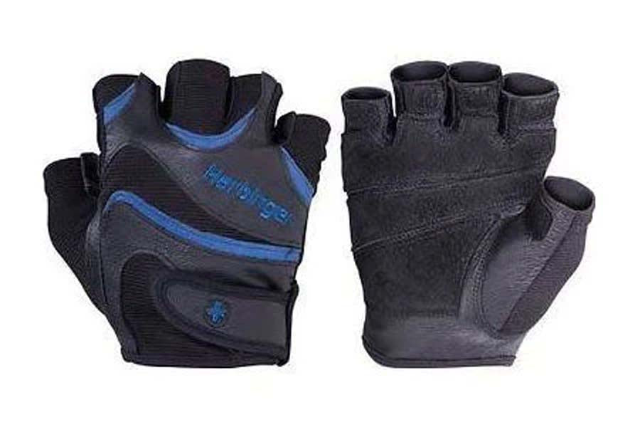 Warrior FlexFit black and blue fingerless weightlifting gloves shown front and back view on white background