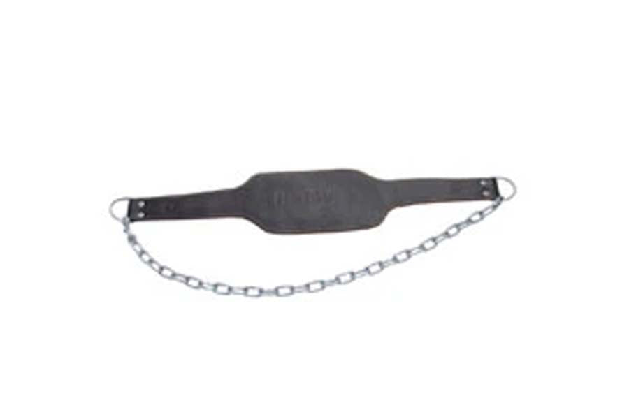 Black leather dip belt with metal chain attachment and D-ring connectors on white background