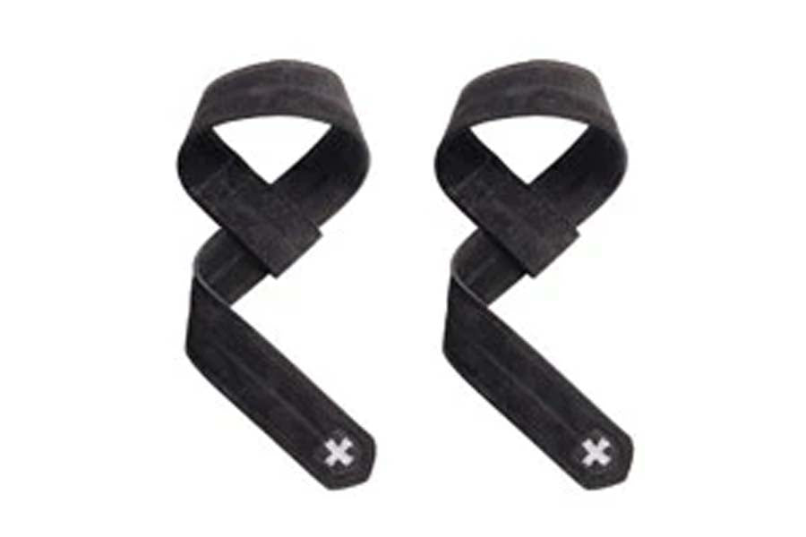 Pair of black leather lifting straps with crossed design and white logo on tail, flat lay on white background