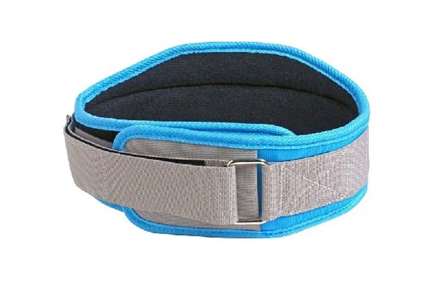 Blue and gray neoprene weightlifting belt with black interior lining and metal buckle closure, flat lay on white background