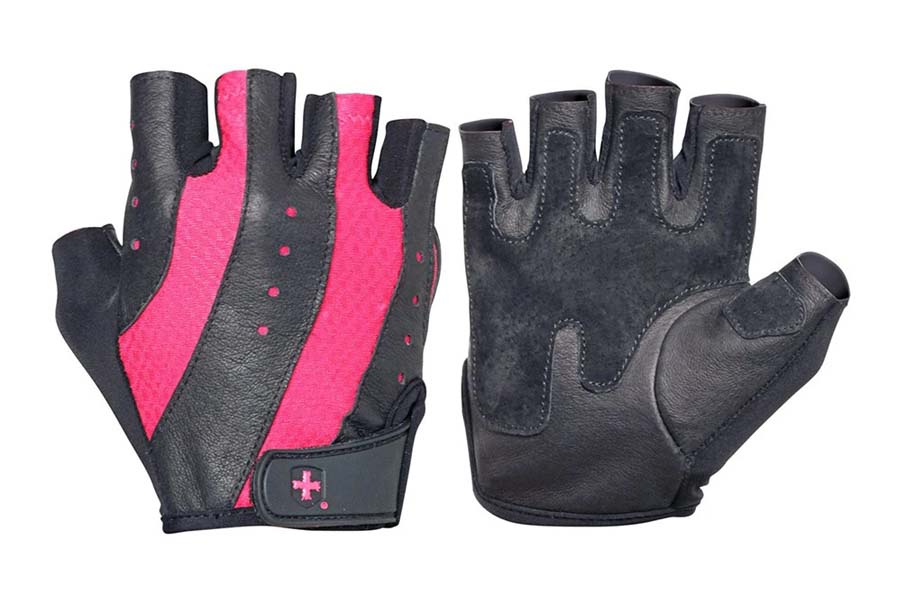 Black and hot pink leather fingerless weightlifting gloves with padded palms, front and back view