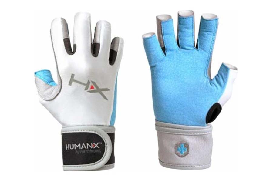 Warrior Competition ¾ finger weightlifting gloves in white and blue with wristwrap, shown front and back view