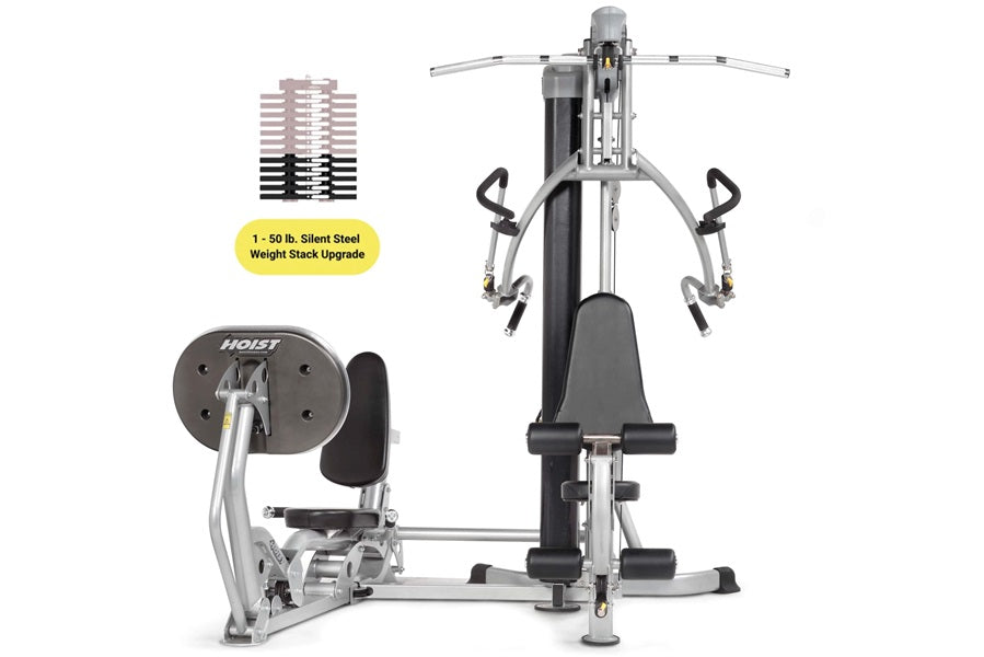 Hoist Mi1 Home Gym with dual-cable machine featuring weight stack, leg press, and chest fly stations, shown from front angle