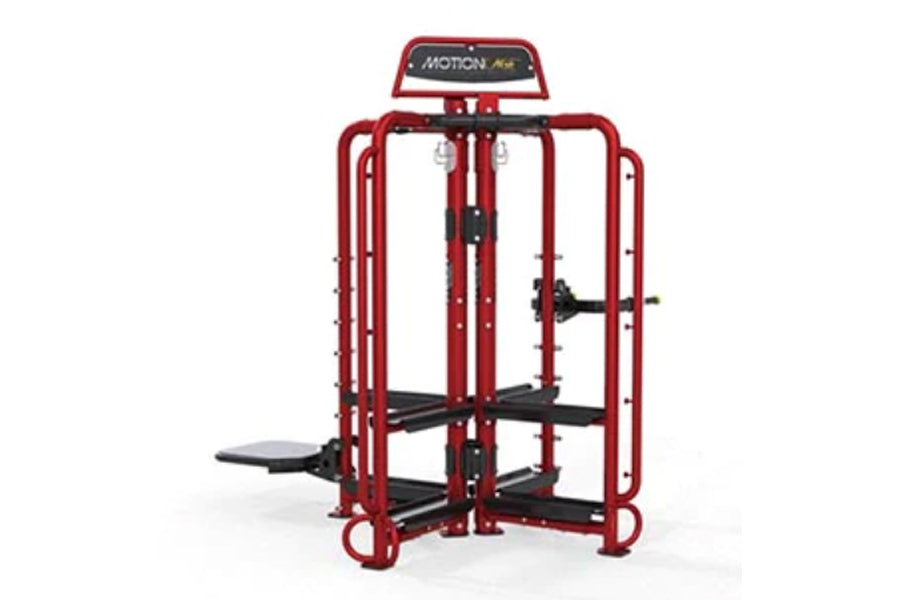 Red Hoist Motioncage Studio Package multi-station exercise machine with black footplates and handles on white background